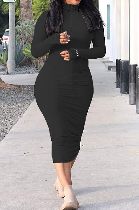 Women Casual Zipper Ribber Long Sleeve Solid Color Lstters Embroidered Midi Dress SDD9810