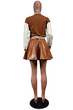 Euramerican Casual PU Leather Spliced Long Sleeve Jacket Pleated Skirts Baseball Uniform Suit WY6875