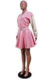 Euramerican Casual PU Leather Spliced Long Sleeve Jacket Pleated Skirts Baseball Uniform Suit WY6875