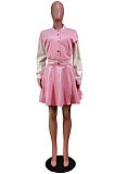 Euramerican Casual PU Leather Spliced Long Sleeve Jacket Pleated Skirts Baseball Uniform Suit WY6875