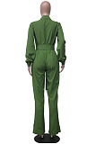 Casual Modest Long Sleeve Lapel Neck Single-Breasted Collect Waist Plain Wide Jeg Jumpsuits SY8845