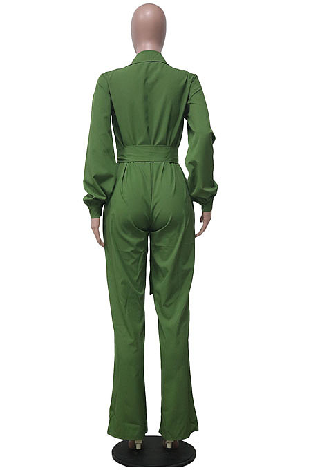 Casual Modest Long Sleeve Lapel Neck Single-Breasted Collect Waist Plain Wide Jeg Jumpsuits SY8845