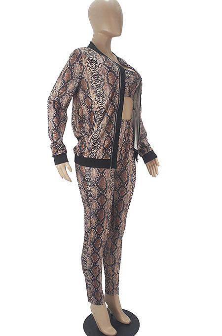 Snakeskin Printing Long Sleeve Cardigan Zipper Strapless Pants Sets SDD9356