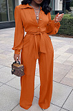 Casual Modest Long Sleeve Lapel Neck Single-Breasted Collect Waist Plain Wide Jeg Jumpsuits SY8845