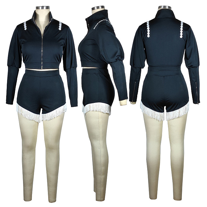 Autumn Winter Stand Collar Zipper Solid Color Sexy Shorts Sets QQM4356