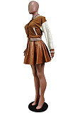 Euramerican Casual PU Leather Spliced Long Sleeve Jacket Pleated Skirts Baseball Uniform Suit WY6875