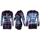 Women Pladi Printing Korea Velvet Long Sleeve Sexy Skirts Sets QQM4353