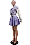 Euramerican Casual PU Leather Spliced Long Sleeve Jacket Pleated Skirts Baseball Uniform Suit WY6875