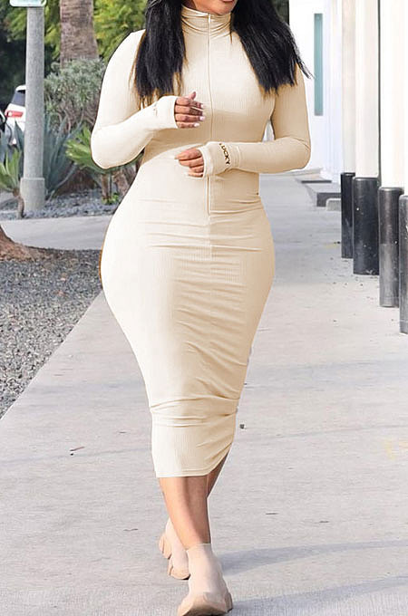 Women Casual Zipper Ribber Long Sleeve Solid Color Lstters Embroidered Midi Dress SDD9810