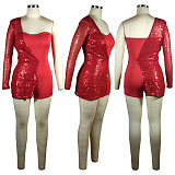 Women Sequins party One Shoulder Strapless Romper Shorts QQM4358