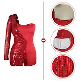 Women Sequins party One Shoulder Strapless Romper Shorts QQM4358