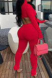 Euramerican Women Ribber High Collar Solid Color Ruffle Pants Sets QQM4359