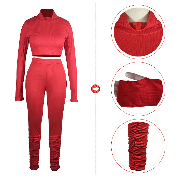 Euramerican Women Ribber High Collar Solid Color Ruffle Pants Sets QQM4359