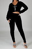 Simple Casual Dasign Printed Long Sleeve V Neck Crop Tops High Waist Skinny Pants Plain Suit OEP6317