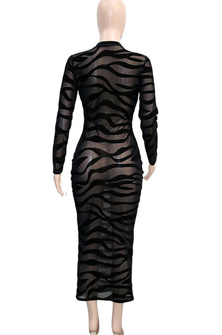 Women Sexy Perspectivity Velvet Long Sleeve Round Collar Long Dress SN390248