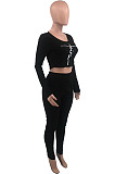 Simple Casual Dasign Printed Long Sleeve V Neck Crop Tops High Waist Skinny Pants Plain Suit OEP6317