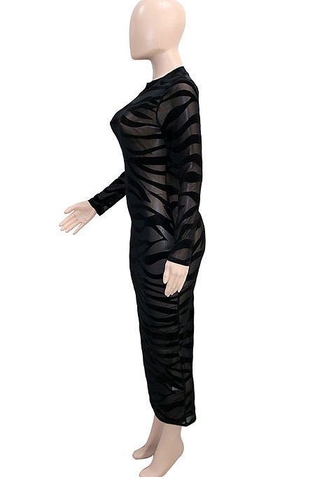 Women Sexy Perspectivity Velvet Long Sleeve Round Collar Long Dress SN390248
