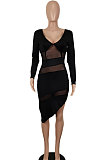 Euramerican Women Sexy Mesh Spaghetti Perspectivity Backless Irregular Lower Hem Spliced Mini Dress SH7293