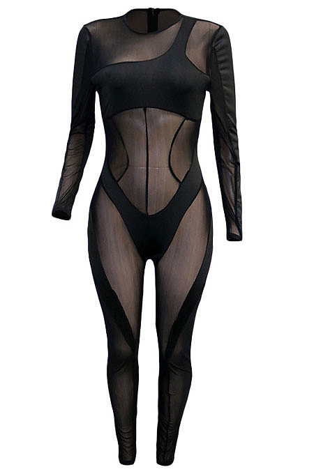 Women Sexy Perspectivity Mesh Spaghetti Spliced Bodycon Jumpsuits SN390244
