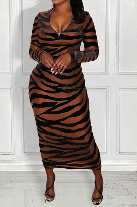 Women Sexy Fashion Zipper Stripe Printing Backless Long Dress SH8102