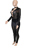 Fashion Sexy Mesh Spaghetti Perspectivity Hot Drilling Hollow Out Bodycon Jumpsuits SN390243