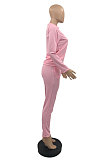 Autumn Winter Women Cotton Blend Long Sleeve Round Collar Tops Trousers Botton Slim Fitting Plain Suit PQ8069