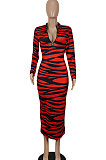 Women Sexy Fashion Zipper Stripe Printing Backless Long Dress SH8102