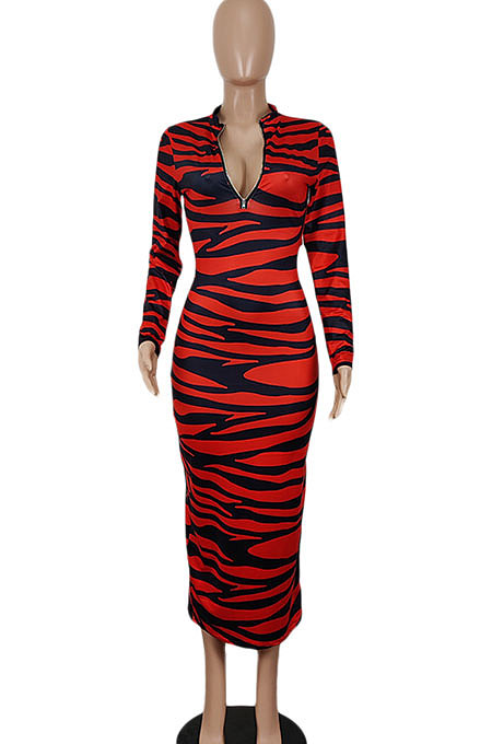 Women Sexy Fashion Zipper Stripe Printing Backless Long Dress SH8102