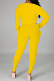 Simple Casual Dasign Printed Long Sleeve V Neck Crop Tops High Waist Skinny Pants Plain Suit OEP6317