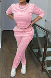 Autumn Winter Women Cotton Blend Long Sleeve Round Collar Tops Trousers Botton Slim Fitting Plain Suit PQ8069