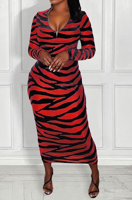 Women Sexy Fashion Zipper Stripe Printing Backless Long Dress SH8102