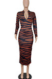 Women Sexy Fashion Zipper Stripe Printing Backless Long Dress SH8102