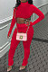 Euramerican Women Ribber High Collar Solid Color Ruffle Pants Sets QQM4359