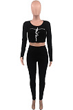 Simple Casual Dasign Printed Long Sleeve V Neck Crop Tops High Waist Skinny Pants Plain Suit OEP6317