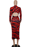 Women Sexy Fashion Zipper Stripe Printing Backless Long Dress SH8102