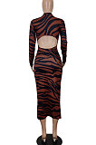 Women Sexy Fashion Zipper Stripe Printing Backless Long Dress SH8102