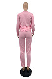 Autumn Winter Women Cotton Blend Long Sleeve Round Collar Tops Trousers Botton Slim Fitting Plain Suit PQ8069