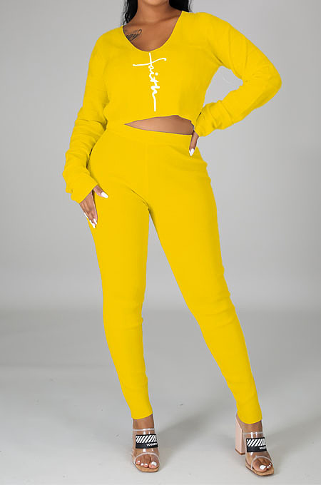 Simple Casual Dasign Printed Long Sleeve V Neck Crop Tops High Waist Skinny Pants Plain Suit OEP6317