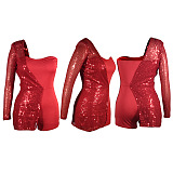 Women Sequins party One Shoulder Strapless Romper Shorts QQM4358