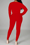 Simple Casual Dasign Printed Long Sleeve V Neck Crop Tops High Waist Skinny Pants Plain Suit OEP6317