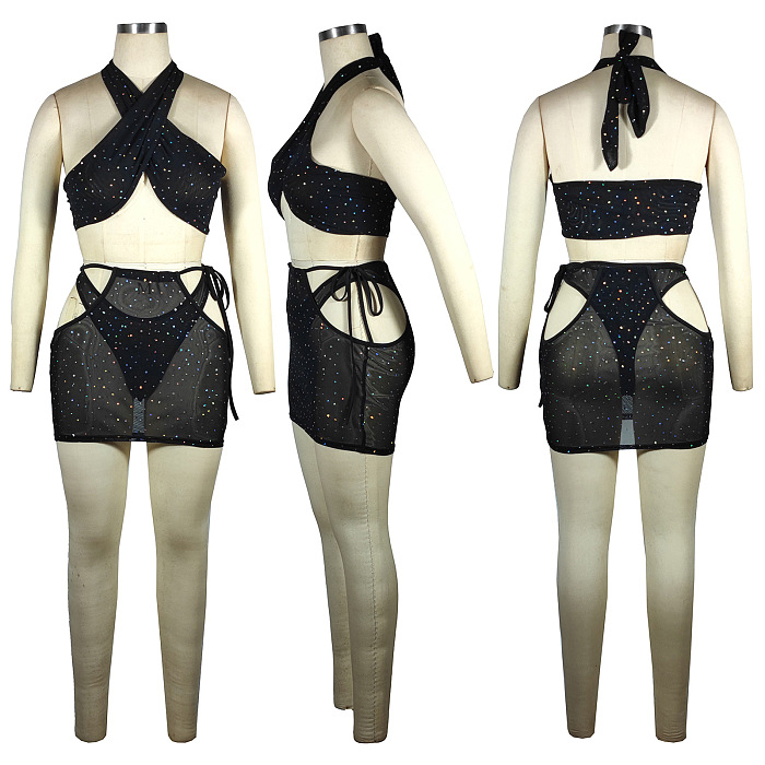 Euramerican Swimwear High Elastic Mesh Spaghetti Sequins Strapless Sexy Three Pieces QQM4373