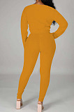 Simple Casual Dasign Printed Long Sleeve V Neck Crop Tops High Waist Skinny Pants Plain Suit OEP6317