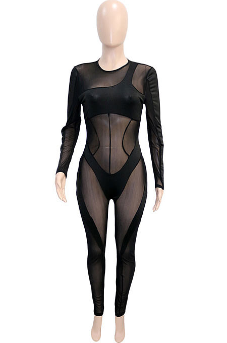 Women Sexy Perspectivity Mesh Spaghetti Spliced Bodycon Jumpsuits SN390244