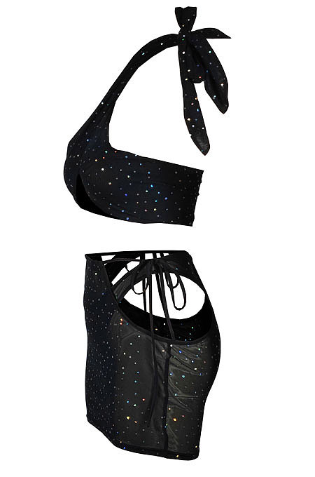 Euramerican Swimwear High Elastic Mesh Spaghetti Sequins Strapless Sexy Three Pieces QQM4373