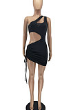 Euramerican Sexy Pure Color One Shoulder Dew Waist Drawsting Mini Dress AA5294