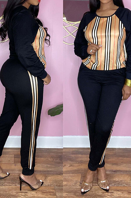 Fashion Casual Matching Color Long Sleeve Round Neck Tops Jogger Pants Suits E8635