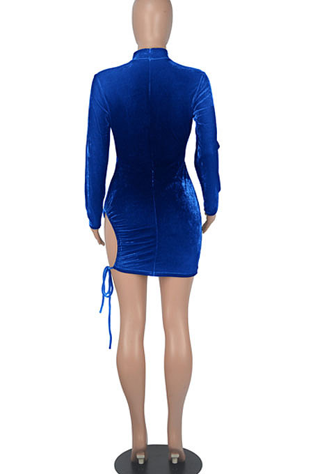 Euramerican Women Solid Color Long Sleeve Velvet Tied Crop Mini Dress WMZ0166
