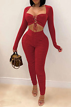 Sexy Fashion Long Sleeve Bandage Crop Srtapless Tops Ruffle Skinny Pants Suit E8643