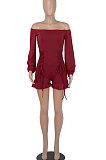 Women Long Sleeve A Word Shoulder Lower Hem Flounce Romper Shorts WMZ2693