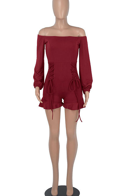 Women Long Sleeve A Word Shoulder Lower Hem Flounce Romper Shorts WMZ2693